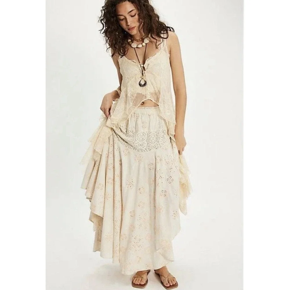 Free People Doily Maxi Skirt Boho Chic Lace Cottagecore Hippie Festival Womens S